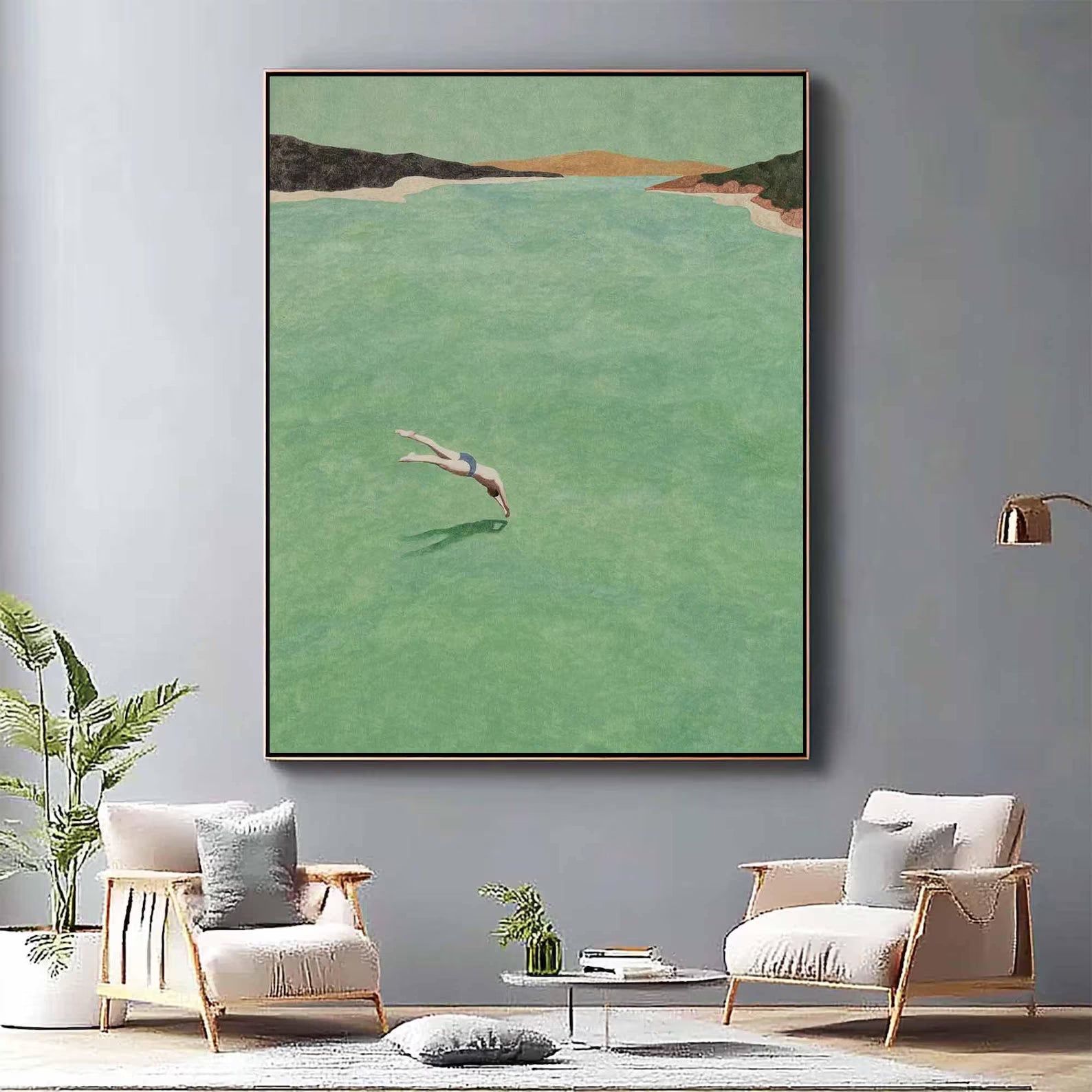 Figurative Green Diving Art | Calm Leisure Vibe