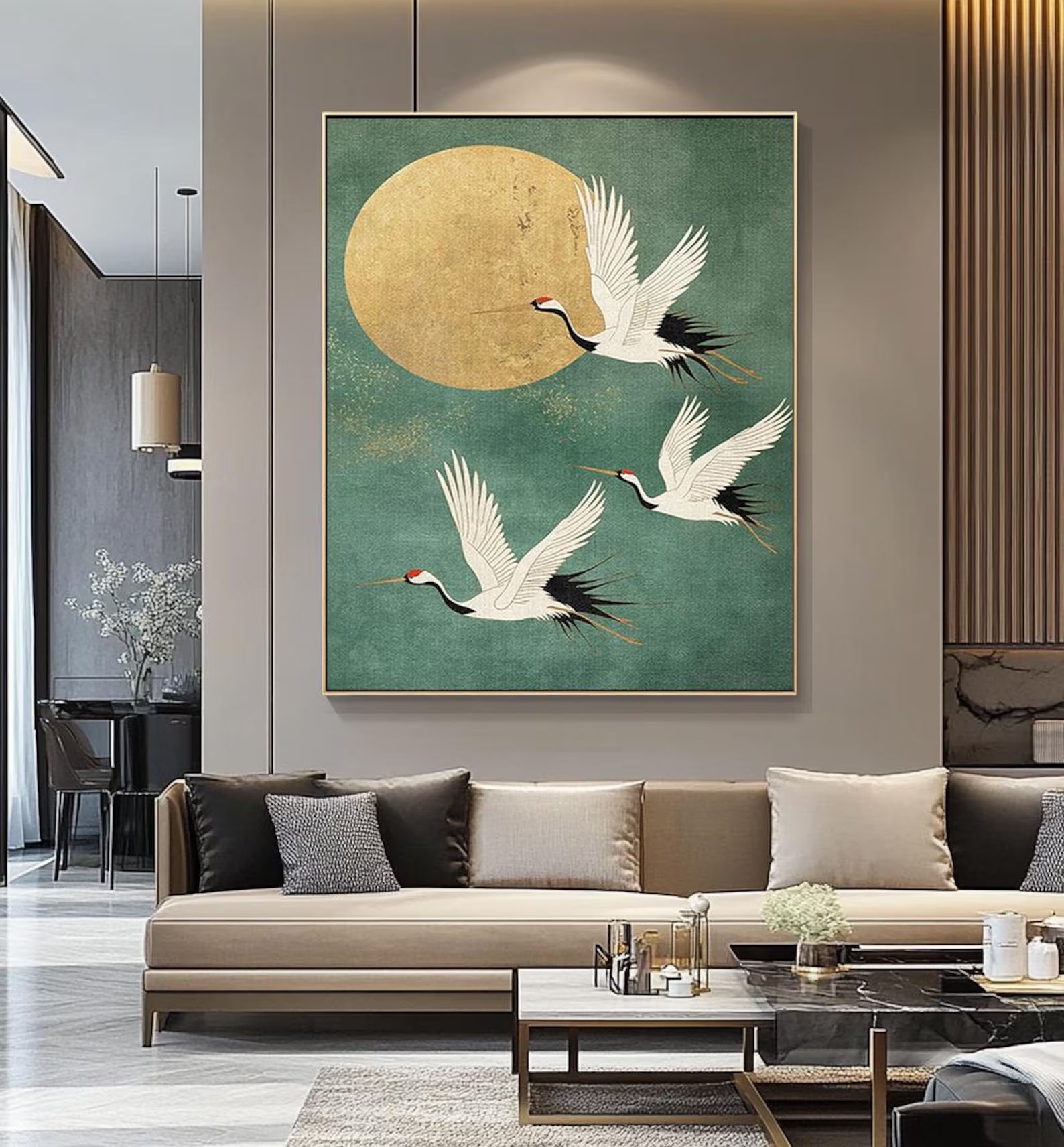 Eastern Crane & Golden Moon Art | Timeless Grace