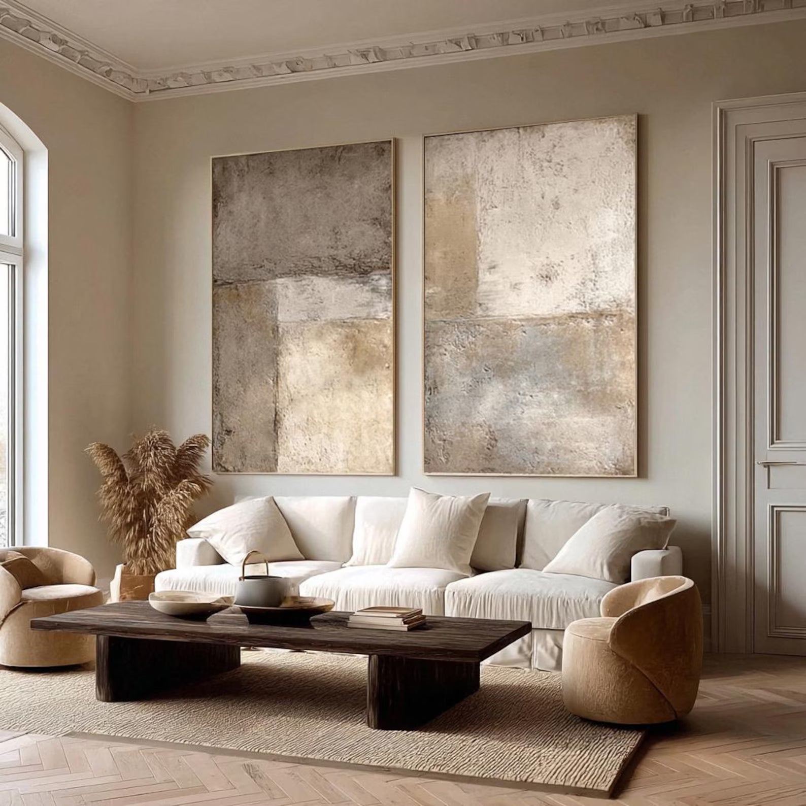 Aged Textured Panels | Beige Diptych