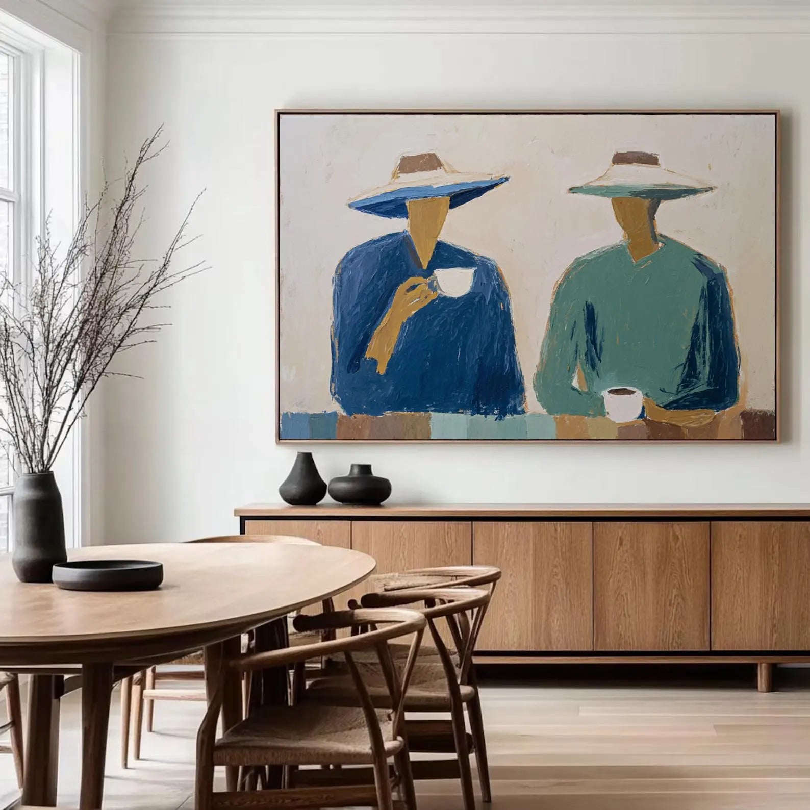 Casual Hat-Clad Figures | Teal Hues