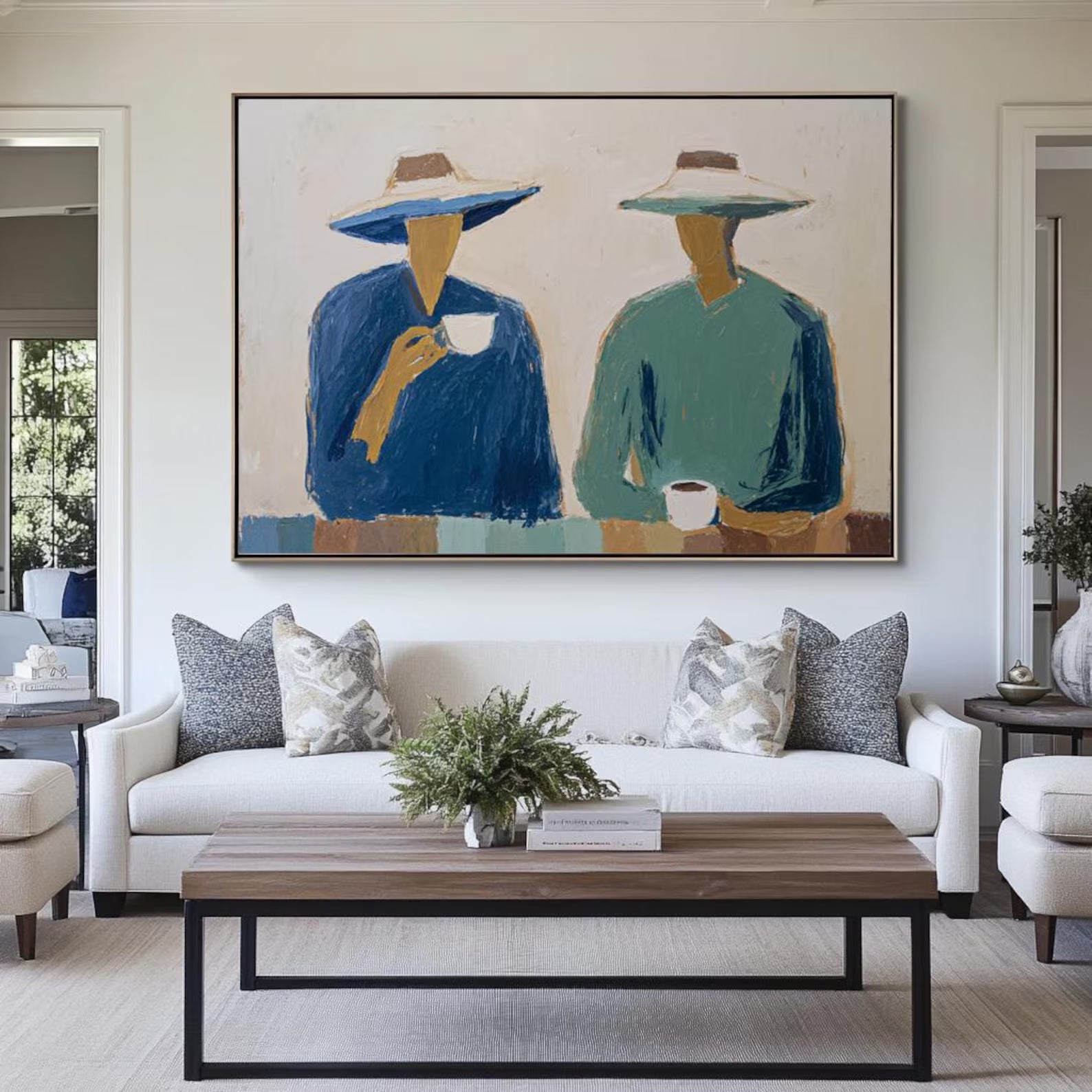 Casual Hat-Clad Figures | Teal Hues