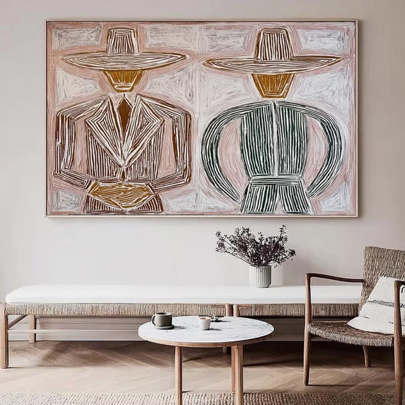 Stylized Hat-Clad Figures | Warm Hues