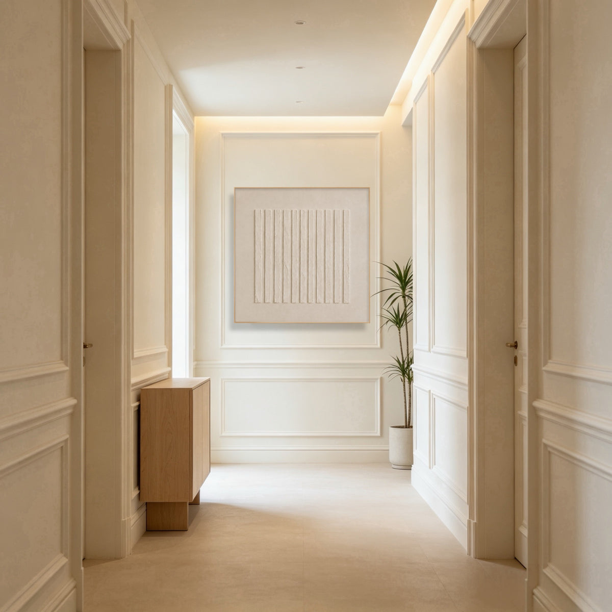 Sheltered Linen Ridges textured square artwork shown in an interior