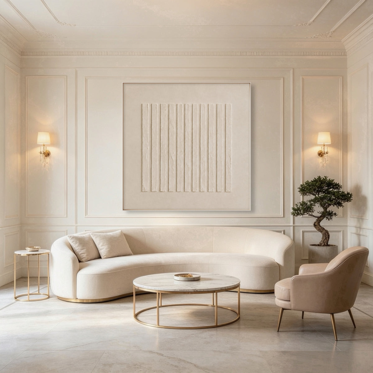 Sheltered Linen Ridges: square textured artwork in an interior