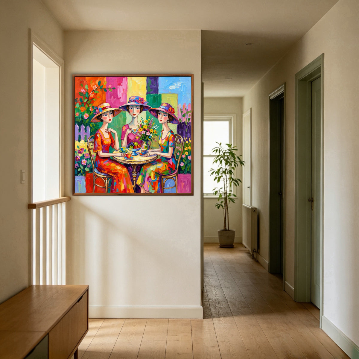 Tea Among Flowers — vertical folk & whimsical figure art, view 1
